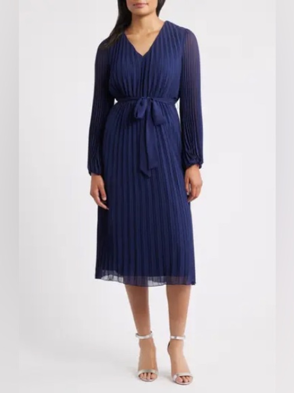 New Sam Edelman Pleated Long Sleeve Chiffon Midi Dress Size 10
